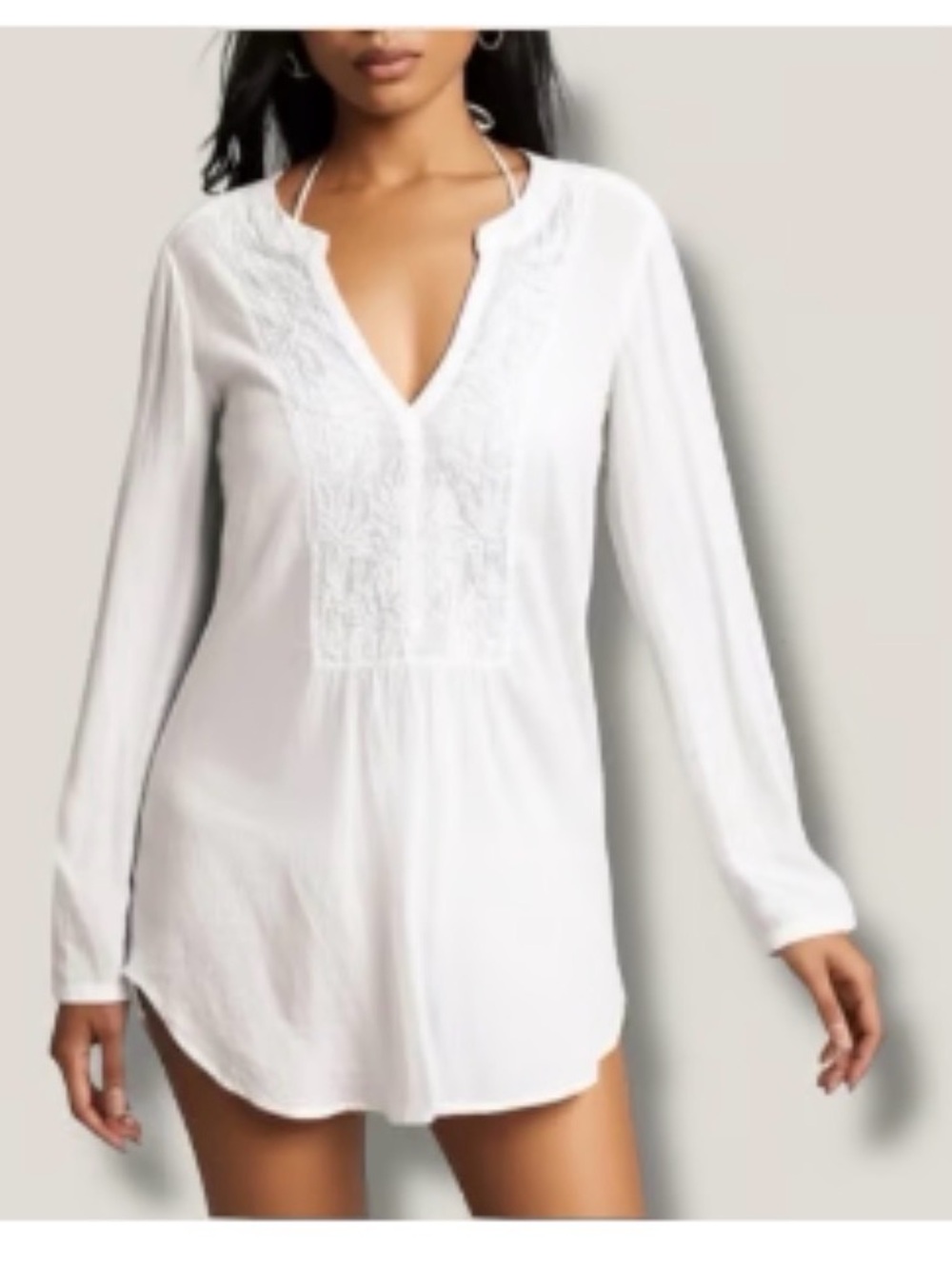 H&M LOGG Long Sleeve Embroidered Split Neck Mini Coverup Shirt Dress Tunic Large